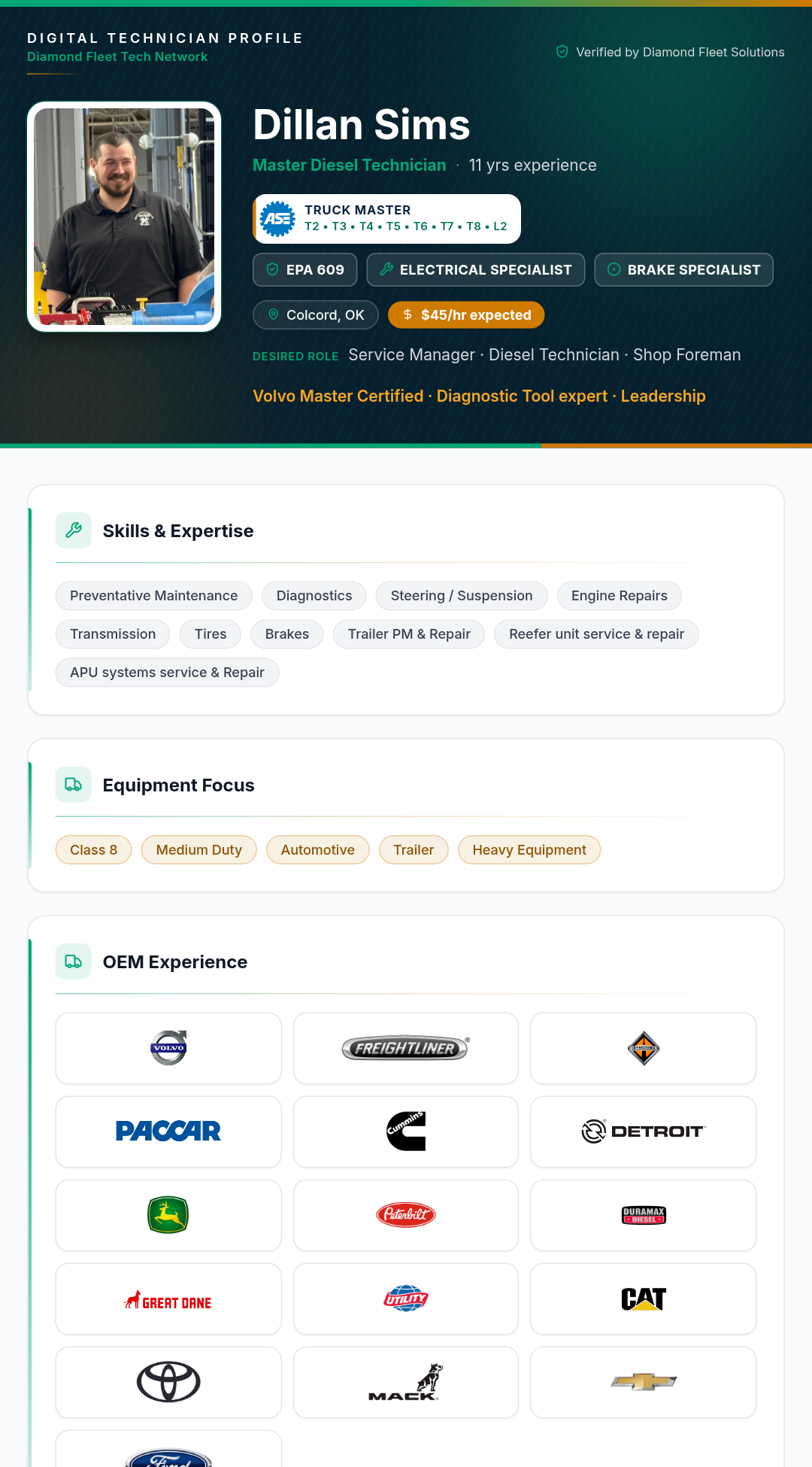 Example Career Profile — Dillan S., Experienced Master Tech