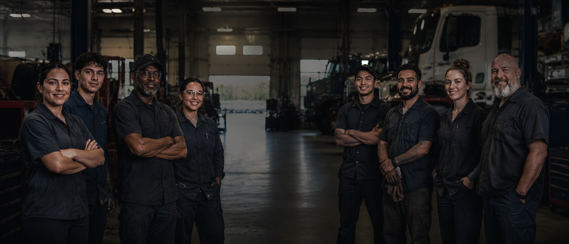 Diverse team of mechanics standing together