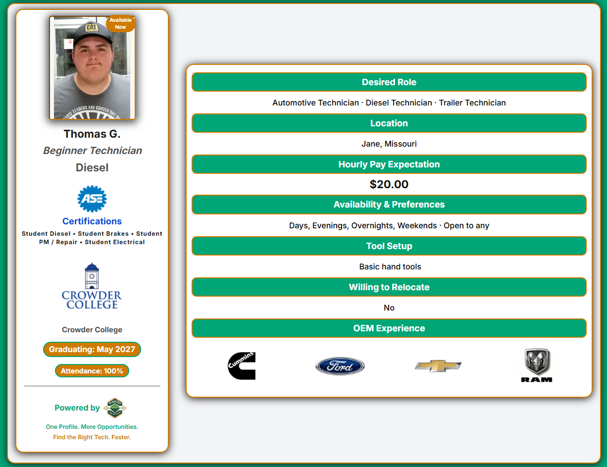 Thomas G. — Diesel Student, Crowder College — example Digital Technician Profile with standard school recognition